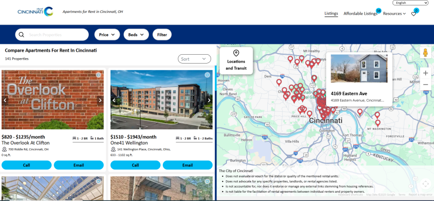 Screenshot of Cincinnati apartment website