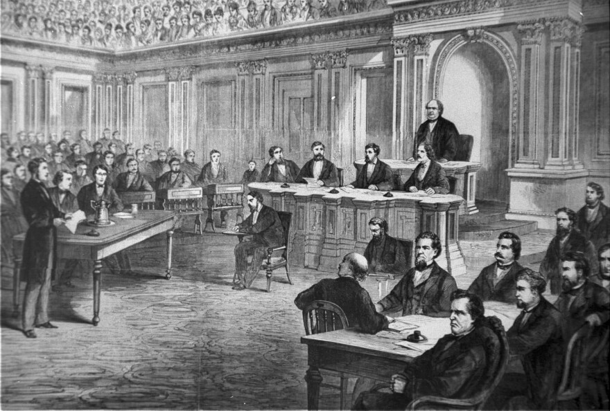 An engraving showing the impeachment trial of President Andrew Johnson in the Senate on March 13, 1868. (Library of Congress)