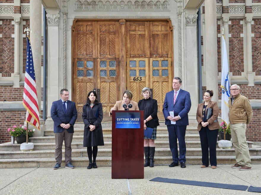 Governor Maura Healey speaks on the steps of St. Mary's the Morning Star in Pittsfield, Massachusetts, on October 18th, 2023.