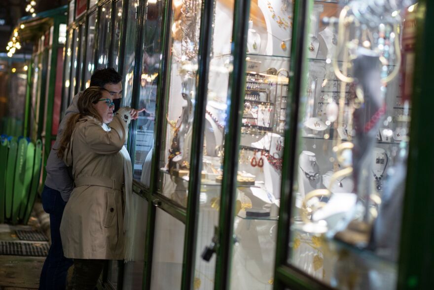 Window shopping at an outside market in New York City's Bryant Park.