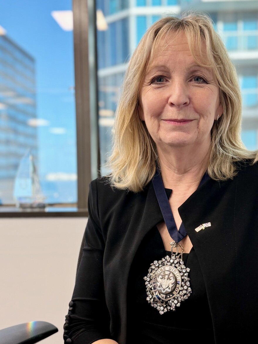 Lady Mayor of London Susan Langley visits the British consulate in Miami on Feb. 17, 2026 wearing a travel version of the Livery Collar of Esses, the traditional civic chain of office.