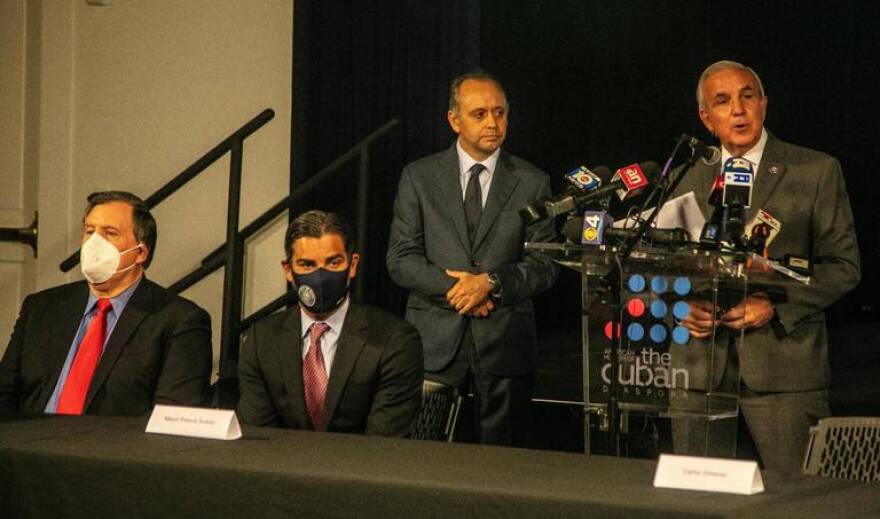 From left: Miami Commissioner Joe Carolla, Miami Mayor Francis Suarez, Miami attorney Marcell Felipe and Miami Congressman Carlos Gimenez at a Coral Gables forum this week on Cuba policy.