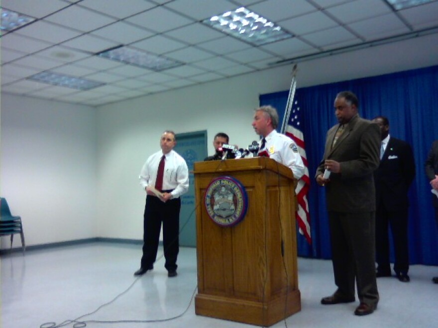 Buffalo Police talk about shooting of dogs during drug raid, Sergeant Daniel Rinaldo is standing to the left of the podium