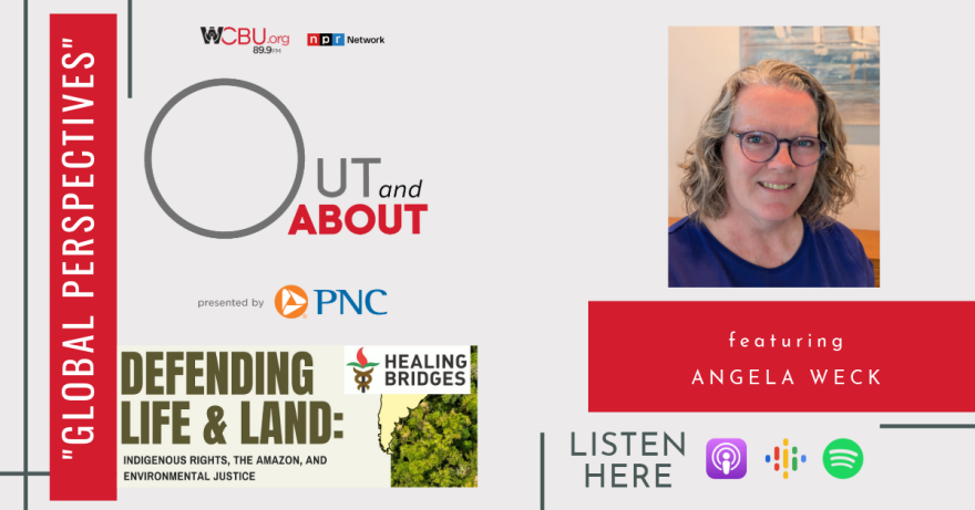 The image features a photo of the Executive Director of the Peoria Area World Affairs Council Angela Weck. The image has the quote “GLOBAL PERSPECTIVES” in quotes. The image also features a graphic of Weck’s book “Defending Life and Land” as well as the icons of sponsor PNC Bank and various podcast platforms. 