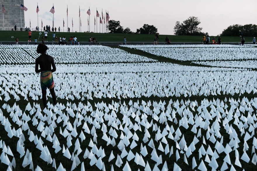 <em></em>Flags at the Washington Monument commemorate Americans who died from  COVID-19. In 2021, life expectancy in the U.S. fell for the second year in a row.