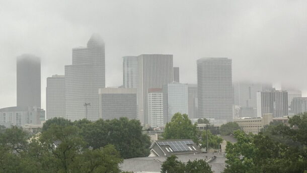 Rain falls across Houston on May 1, 2026. 