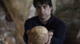 Dr. Omry Barzilai of the Israel Antiquities Authority holds an ancient skull found inside a cave near the northern Israeli city of Nahariya.