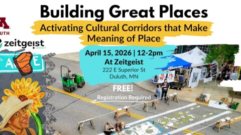 Poster for "Building Great Places" event; overhead view of activity and tents happening on a city street