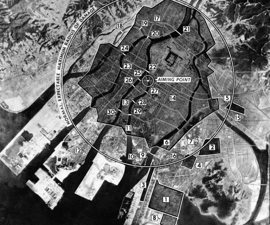 This photo diagram shows the extent of the damage at Hiroshima. Shaded regions indicate the city's most devastated sectors.