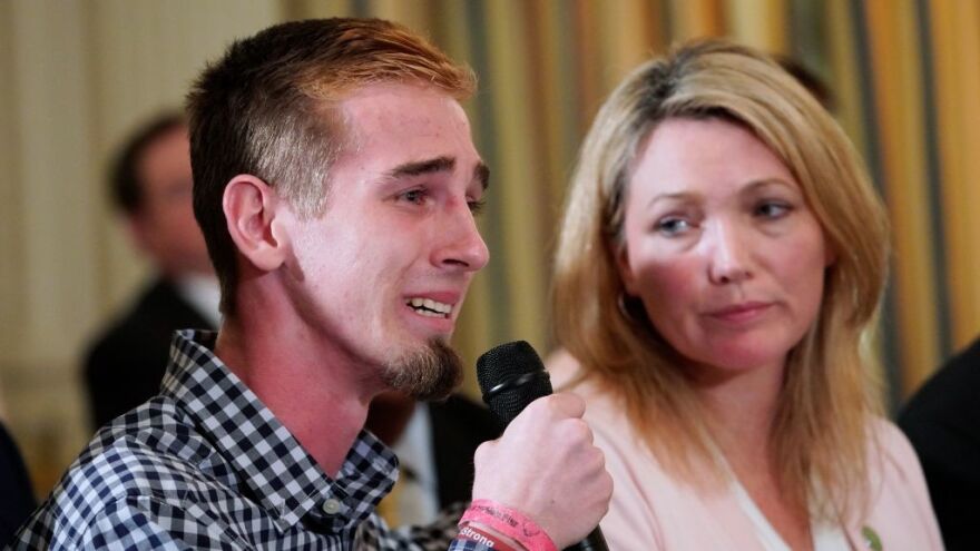 Marjory Stoneman Douglas High School shooting survivor Samuel Zeif speaks during a listening session on school safety with President Trump as Nicole Hockley, parent of a Sandy Hook shooting victim, looks on.