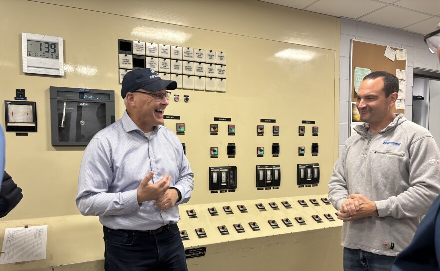 Congressman Pete Stauber, R-Hermantown, has a laugh with Hibbing Public Utilities Energy Supply Manager Paul Plombon as he tours the south water treatment plant in Hibbing on June 17, 2026.