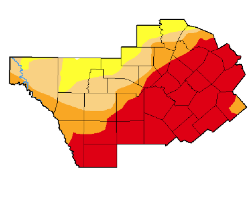 Drought map from the U.S. Drought Monitor this week shows extreme drought in red, while gold is severe drought and tan is moderate drought. Yellow represents abnormally dry spots