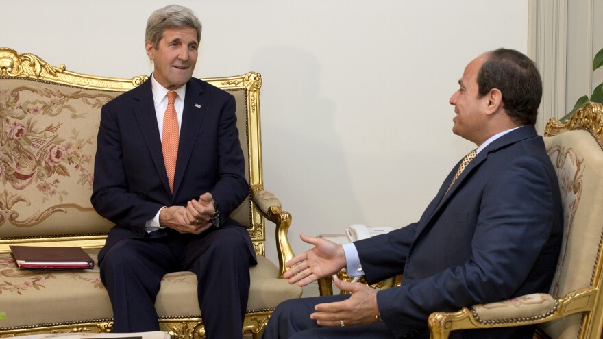 U.S. Secretary of State John Kerry meets Wednesday with Egyptian President Abdel-Fattah el-Sissi at the presidential palace in Cairo. Sissi has cracked down on activists and opposition groups, but the country still receives assistance from the U.S. and other Western countries.