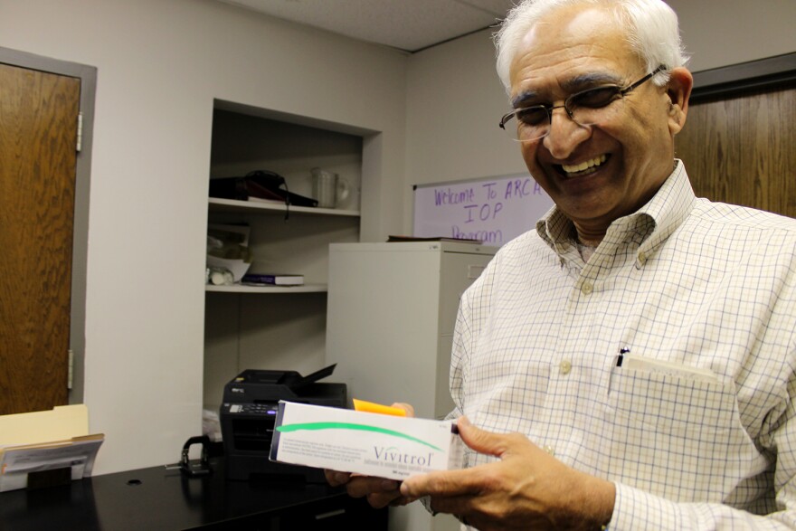 ARCA President Percy Menzies shows a dose of Vivitrol, the injectable form of Naltrexone that lasts a month.