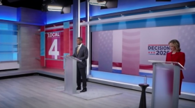 Gubernatorial candidate Michigan Secretary of State Jocelyn Benson debates Republican Congressman John James in Detroit Thursday night