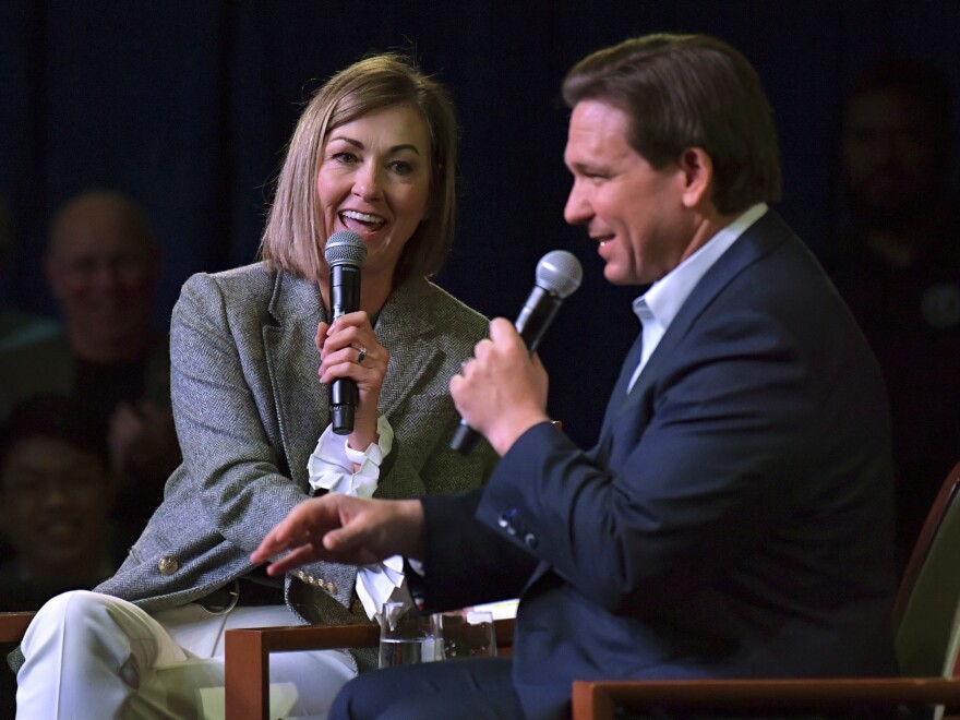 Prior to jumping into the 2024 presidential election, Florida Gov. Ron DeSantis speaks at an event with Iowa Gov. Kim Reynolds on Friday, March 10, 2023, in Davenport, Iowa.