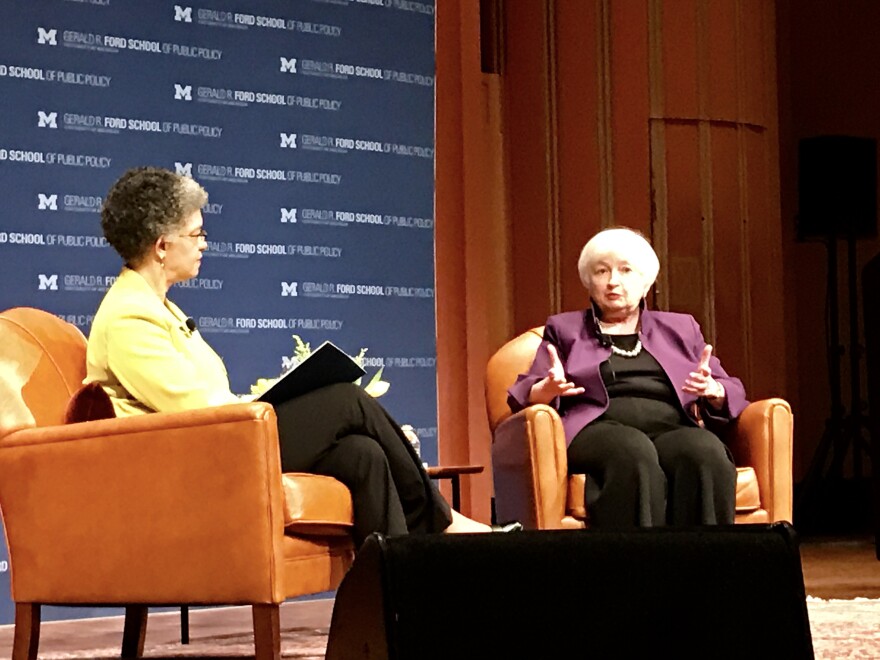 Right: Federal Reserve Chair Janet Yellen Left: moderator Susan M. Collins, Sanford Weill Dean of Public Policy at the University of Michigan Gerald R. Ford School of Public Policy.
