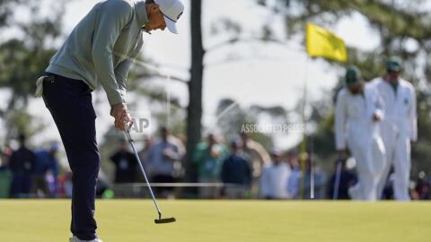 Jordan Spieth putts on the sixth hole during a practice around at the Masters golf tournament, Wednesday, April 9, 2025, in Augusta, Ga. (AP Photo/Ashley Landis)