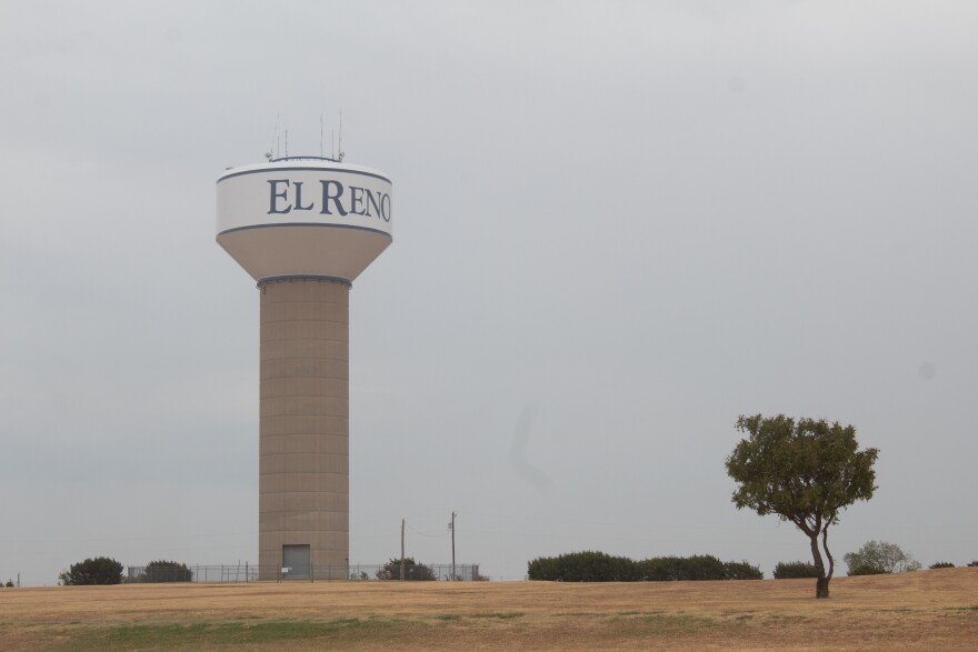 El Reno's water tower near Lake El Reno has low levels.