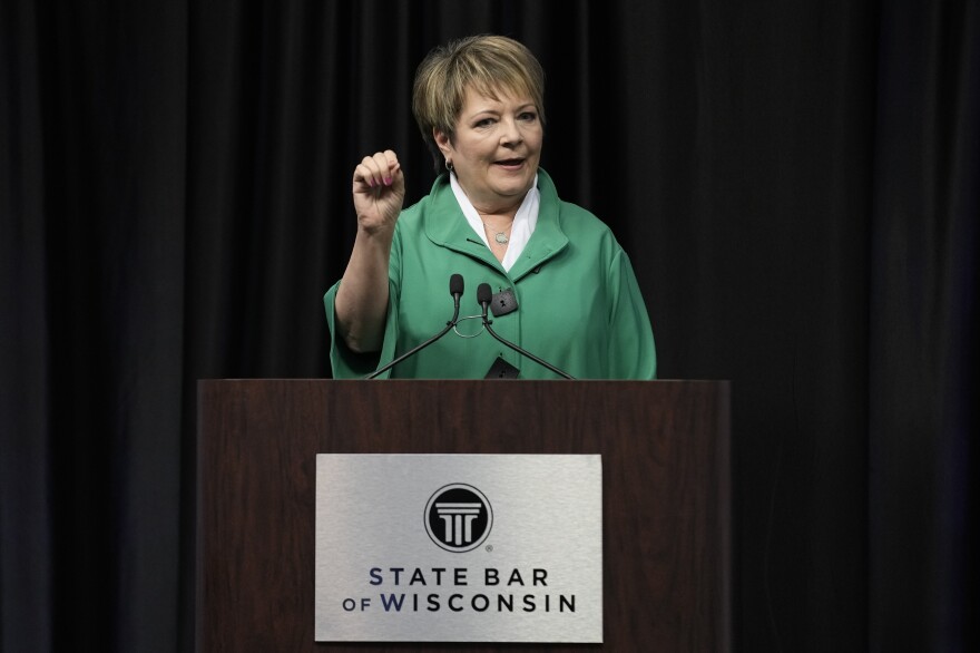 Wisconsin Supreme Court candidate Democratic-supported Janet Protasiewicz participates in a debate Tuesday, March 21, 2023, in Madison, Wis.