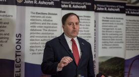 Missouri Secretary of State John "Jay" Ashcroft speaks to reporters Dec. 20 about the Colorado Supreme Court's decision to bar former president Donald Trump from the Colorado ballot (Annelise Hanshaw/Missouri Independent).