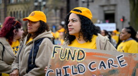 Early childcare educators and parents rally on the New Haven Green on April 10, 2024 to advocate for more funding for the state’s early learning system. Pre-K teacher Letty Lopez stressed that the early childcare education is foundational in the lives of children. “They spend more time with us than their parents,” she said.