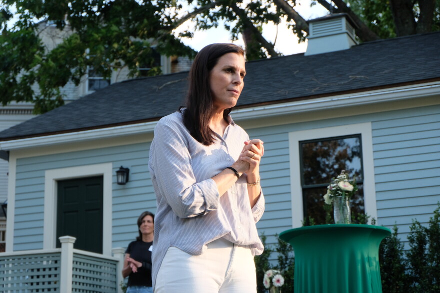 Stefany Shaheen speaking to her supporters during a house party in Portsmouth, NH in July 2026.
