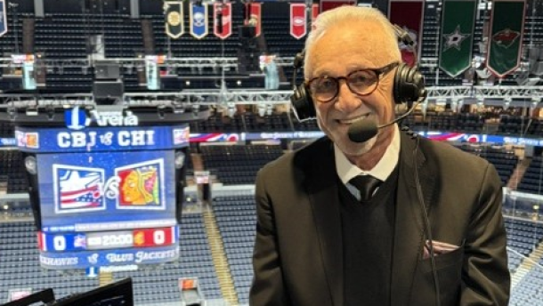 Retired Columbus Blue Jackets broadcaster Jeff Rimer in the booth before calling a Blue Jackets game