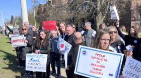 Educators and supporters at a rally organized by Education Minnesota-Brainerd outside the Washington Educational Services Building, where Brainerd School Board meetings take place, on May 11, 2026.