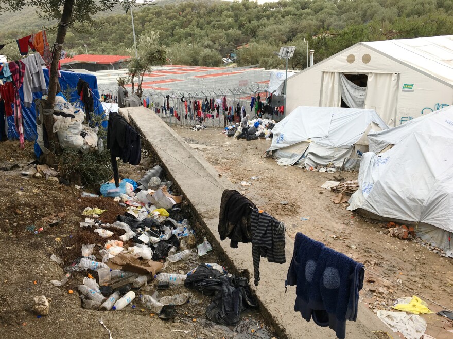 A section of the crowded and trash-strewn Moria refugee camp on the island of Lesbos, Greece.