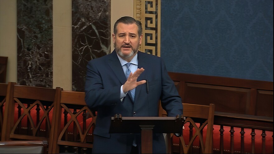 Sen. Ted Cruz, R-Texas, speaks on the Senate floor in opposition to holding the impeachment trial of President Donald Trump, Feb. 4.