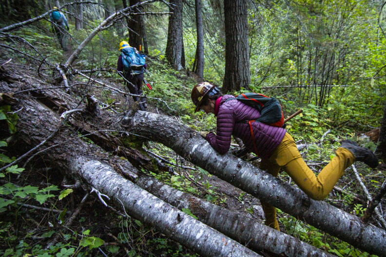 Gina Cretser, right, and other volunteers had to climb over a number of downed trees to get to their worksite