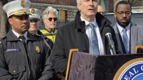 Buffalo Mayor Sean Ryan, joined by Fire Commissioner Daniel Pizarro (left) and Deputy Mayor Thomas Baines (right) in front of 486 Emslie St.