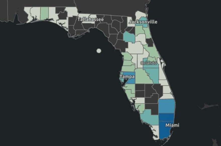 Florida's coronavirus surveillance map shows the presence of COVID-19 in many of the state's 67 counties.