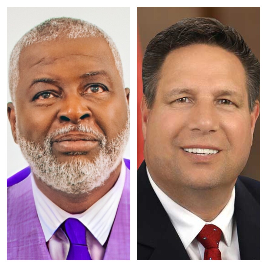 A split screen photo: at left, a man with short white hair and a white mustache and beard, wearing a purple vest, white collared shirt, and blue tie; at right, a man with short brown hair, wearing a black blazer, a white collared shirt, and a red tie