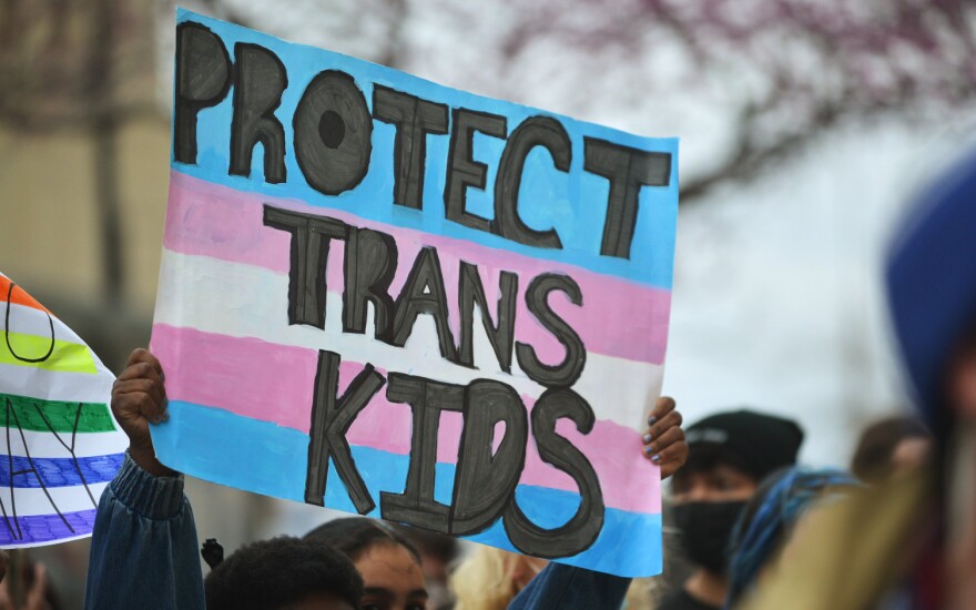 Protestors in Kansas City protest anti-LGBTQ legislation in 2022.