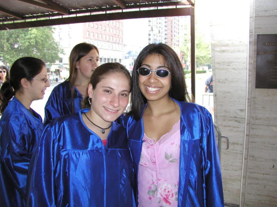 Lila Nordstrom (left) and fellow Stuyvesant High School graduates, 2002 (Courtesy of Lila Nordstrom)