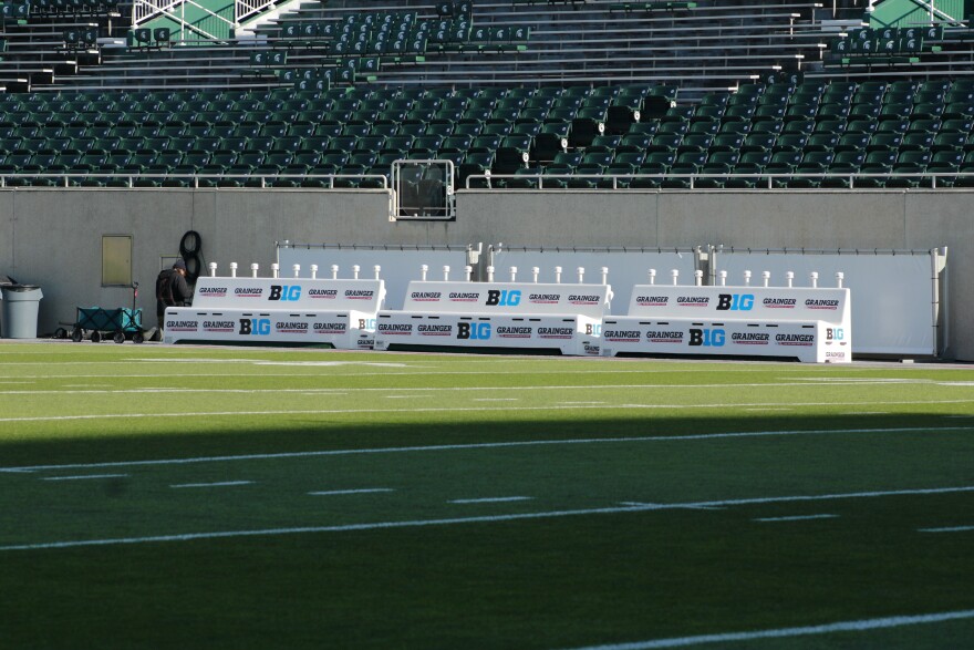 Empty visitor benches stand ready at Spartan Stadium before Michigan State’s showdown with Penn State on Nov. 14, 2025.