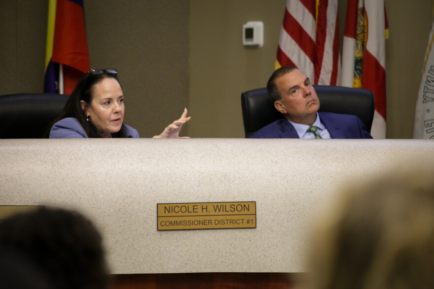 District 1 Commissioner Nicole Wilson speaks during Tuesday's meeting. Beside her is District 2 Commissioner Michael Crabbe.