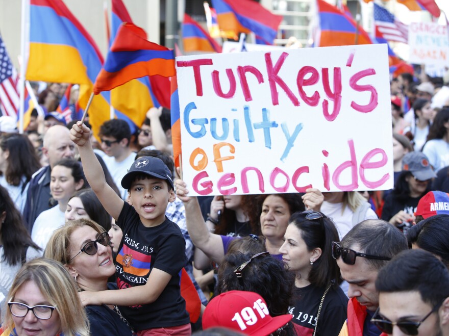 Armenian Americans march in Los Angeles on April 24 during an annual commemoration of the deaths of 1.5 million Armenians under the Ottoman Empire.