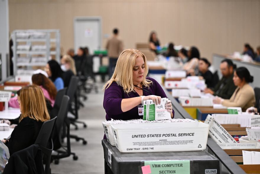 A worker sorts ballots at the L.A. County Ballot Processing Center during the California primary election on Tuesday, June 2, 2026, in City of Industry, Calif.