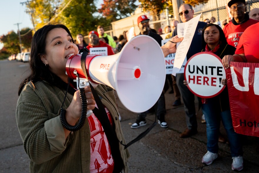Missouri Worker Center’s Vanessa Henriquez rallies unionizing Kaldi’s Coffee workers on Wednesday, Nov. 5, 2025, in St. Louis’ Forest Park Southeast neighborhood.