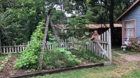 Committee facilitator Bonny Stitt poses beside one of a dozen garden beds in her West Fork yard.