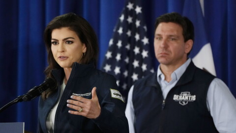 FILE - Florida first lady Casey DeSantis speaks as her husband Republican presidential candidate Florida Gov. Ron DeSantis looks on during a campaign event, Wednesday, May 31, 2023, in Cedar Rapids, Iowa.