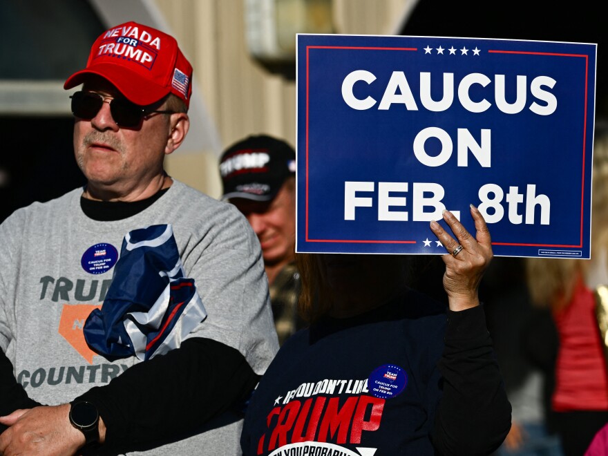 Supporters of former President Donald Trump arrive to hear him speak at a commit to caucus rally in Las Vegas in January. The Nevada Republican Party is holding a caucus to determine who wins the state's GOP delegates — a contest that's two days after the state-run primary.