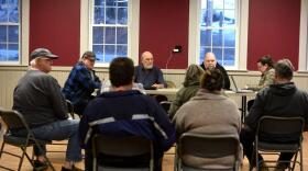 Grafton Selectboard Chair Ed Grinley, left, and members Steve Darrow and Leif Hogue discuss the police chief position during a selectboard meeting on Tuesday, March 17, 2026, in Grafton, N.H. On the right is Sara Hogue, the administrative assistant.