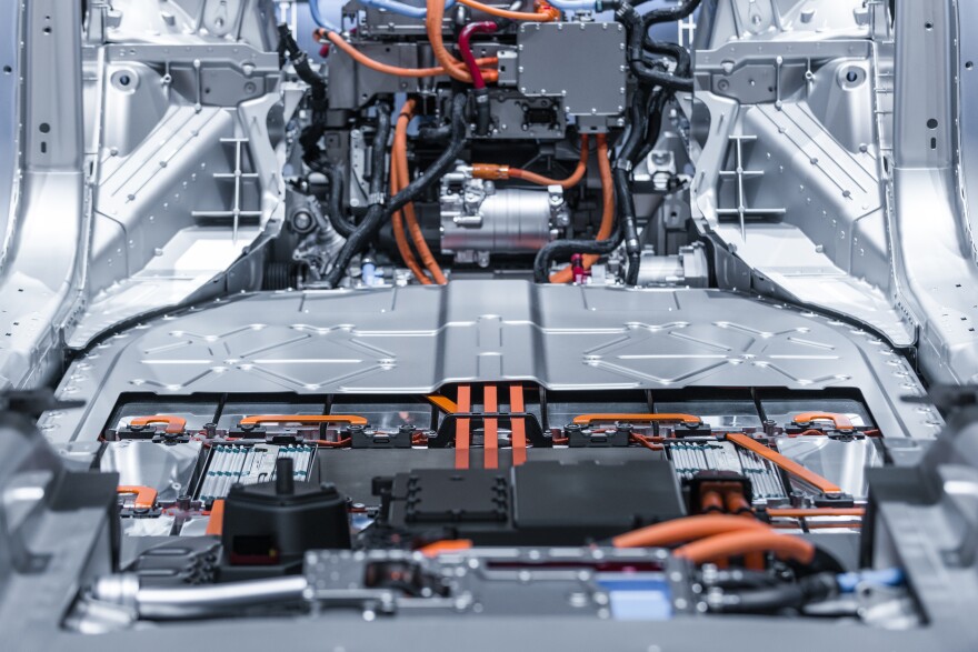 Electric car lithium battery pack and power connections.