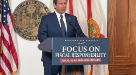 Gov. Ron DeSantis, shown releasing his proposed budget, wants a state “DOGE” to look for waste in government.
