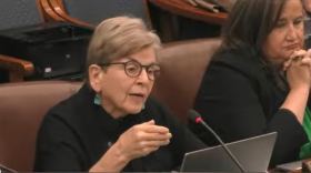 Mary Ellen Gurewitz speaks into a microphone while seated at a desk with a laptop open in front of her. Another woman sits beside her with hands clasped near her face. Brown leather chairs, laptops, and part of a nameplate are visible.