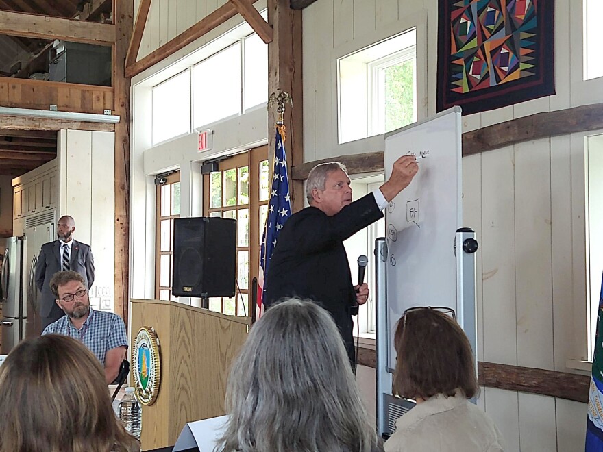 U.S. Agriculture Secretary Tom Vilsack uses a marker and whiteboard to illustrate a point, during a roundtable Wednesday with agriculture leaders at Gwenyn Hill Farm in Waukesha County.